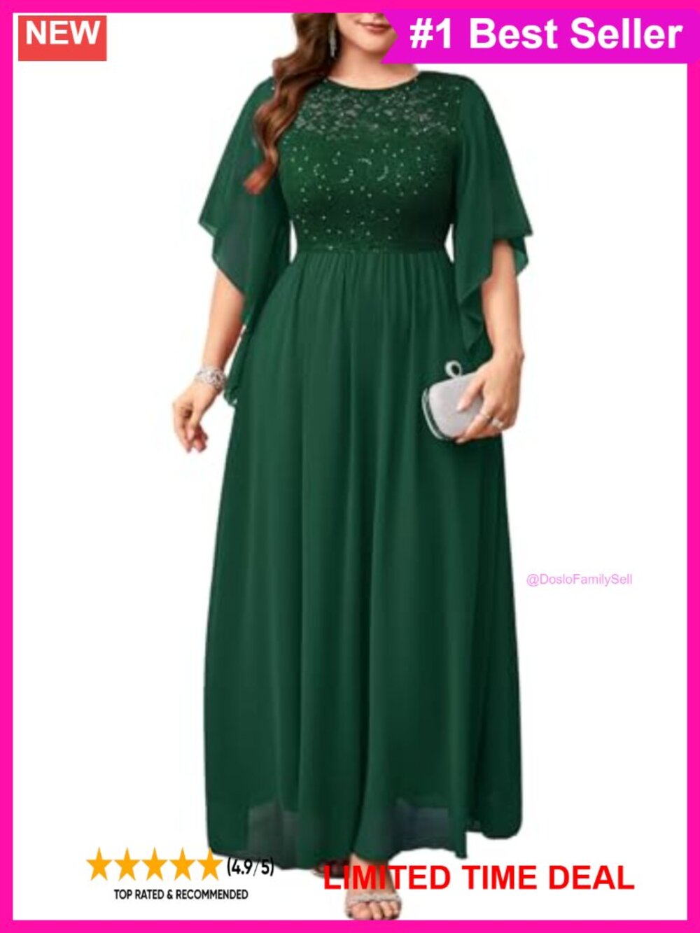 Plus Size Formal Sequin Lace Chiffon A-Line Maxi Dress Handkerchief Sleeve